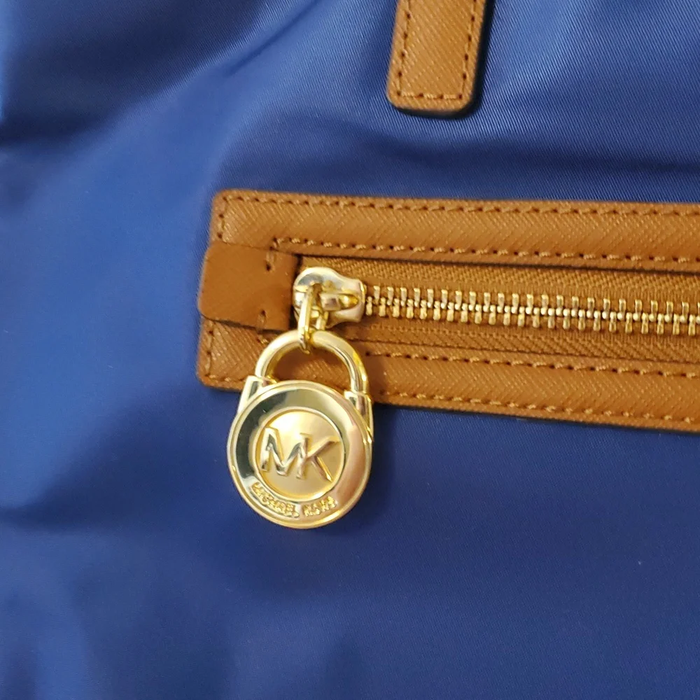 Michael Kors Jet Set Nylon Tote Royal Blue Tan Leather EUC